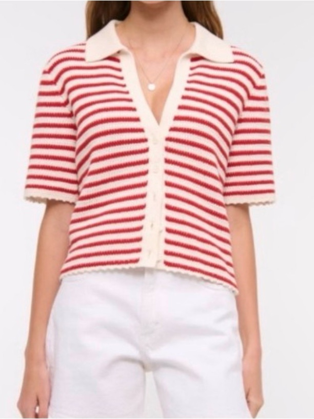 Abercrombie & Fitch 100% Cotton Red and Cream Striped Short-Sleeve Cardigan - Picture 1 of 5
